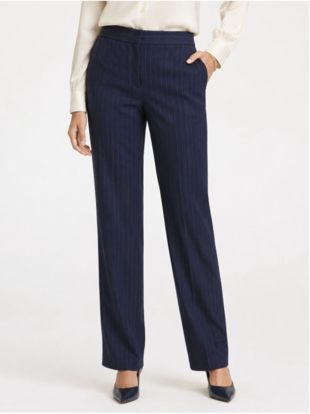 St. John Wool Silk Pinstripe Tailored Trousers Navy Size 14 Made in USA